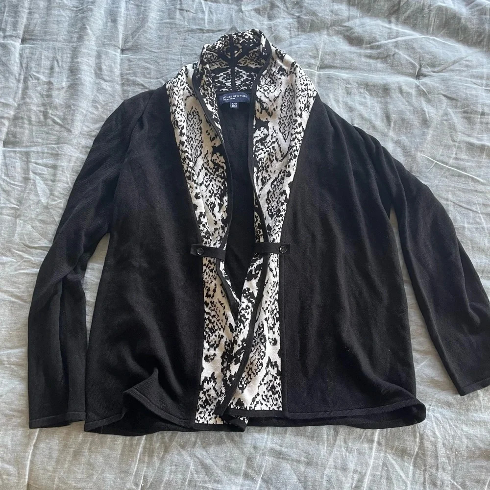 Jones New York Signature Cardigan Size XL Black with White Shawl Collar